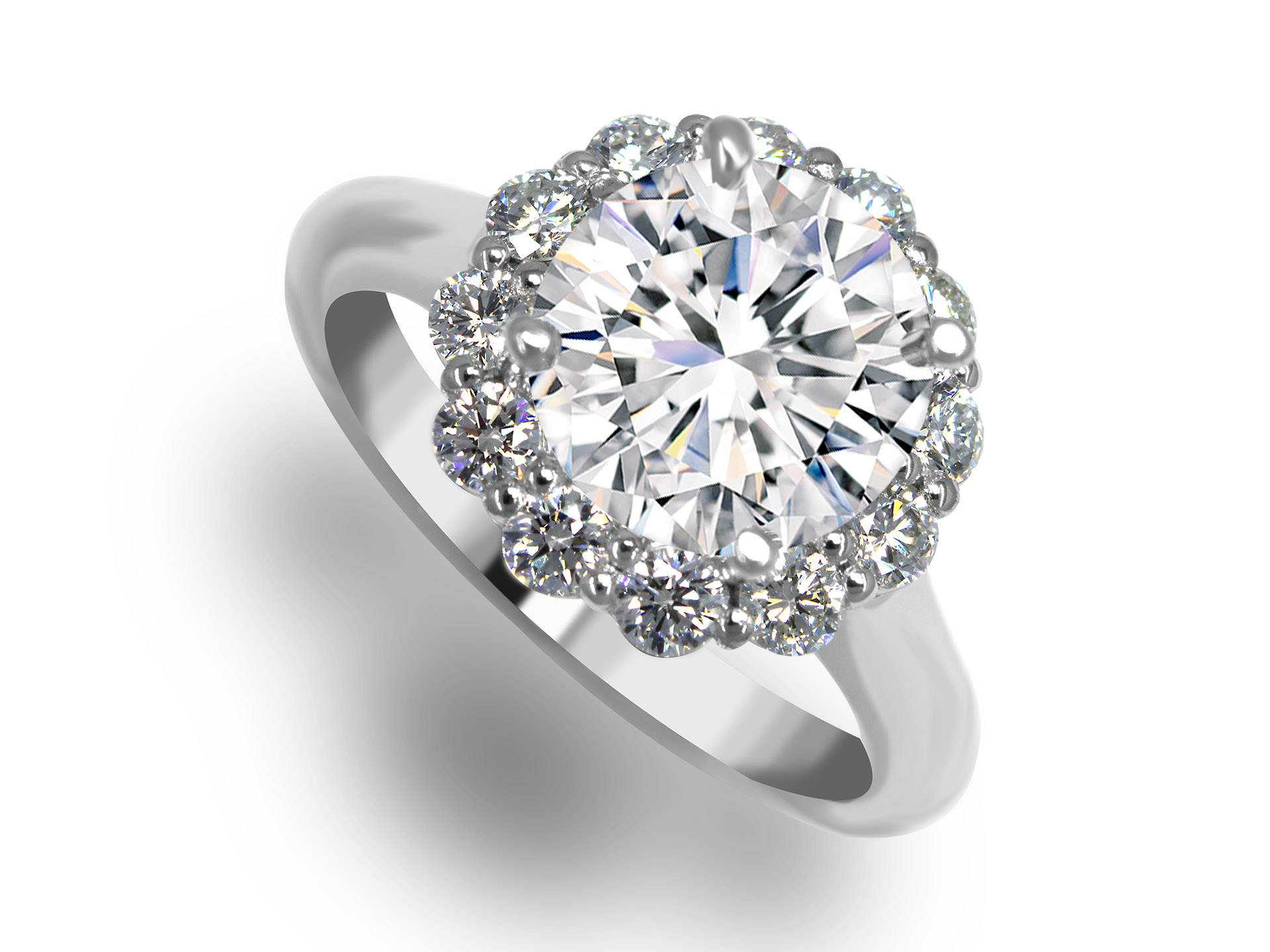 Round Solitaire Halo Diamond Engagement Ring, Gold or Platinum