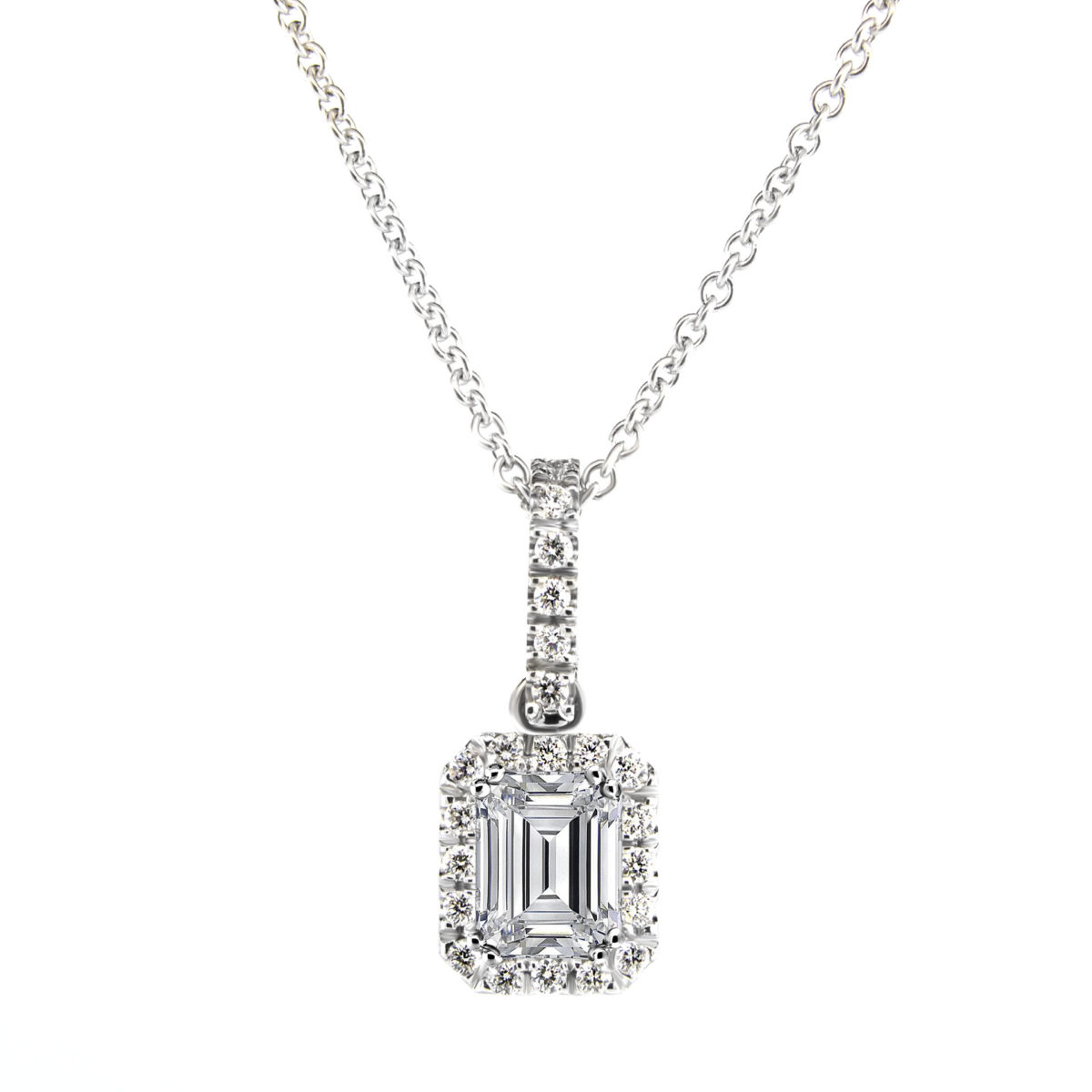 Double Prong Emerald Cut Halo Diamond Necklace Pendant 1.29 Carats ...