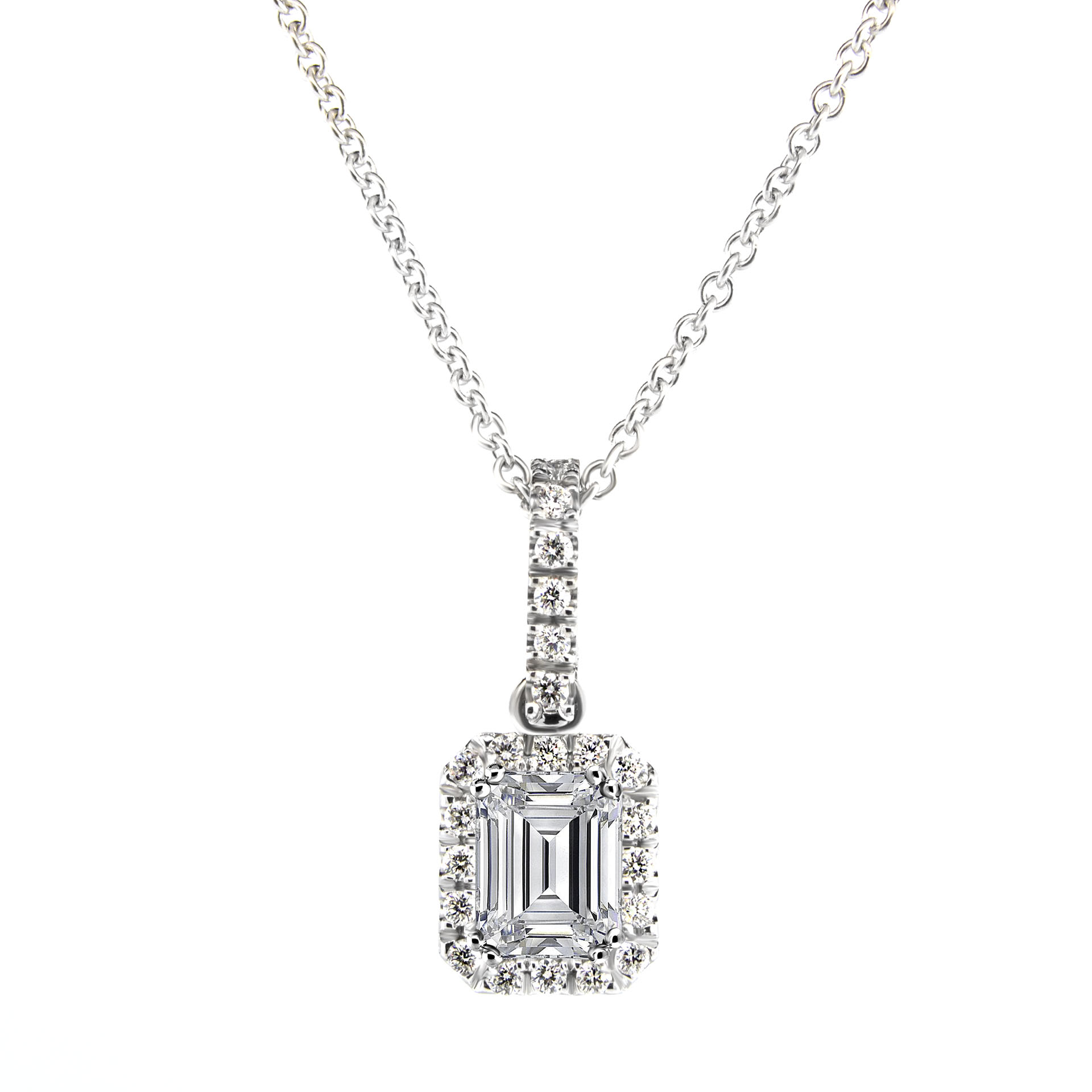 Emerald Cut Halo Diamond Necklace Pendant 0.75 Carats Gold, Platinum ...