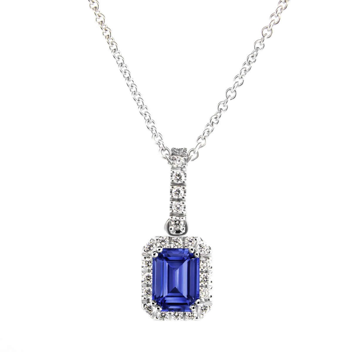 0.75 Carat Emerald Shape Genuine Blue Sapphire & Diamond Halo Necklace ...