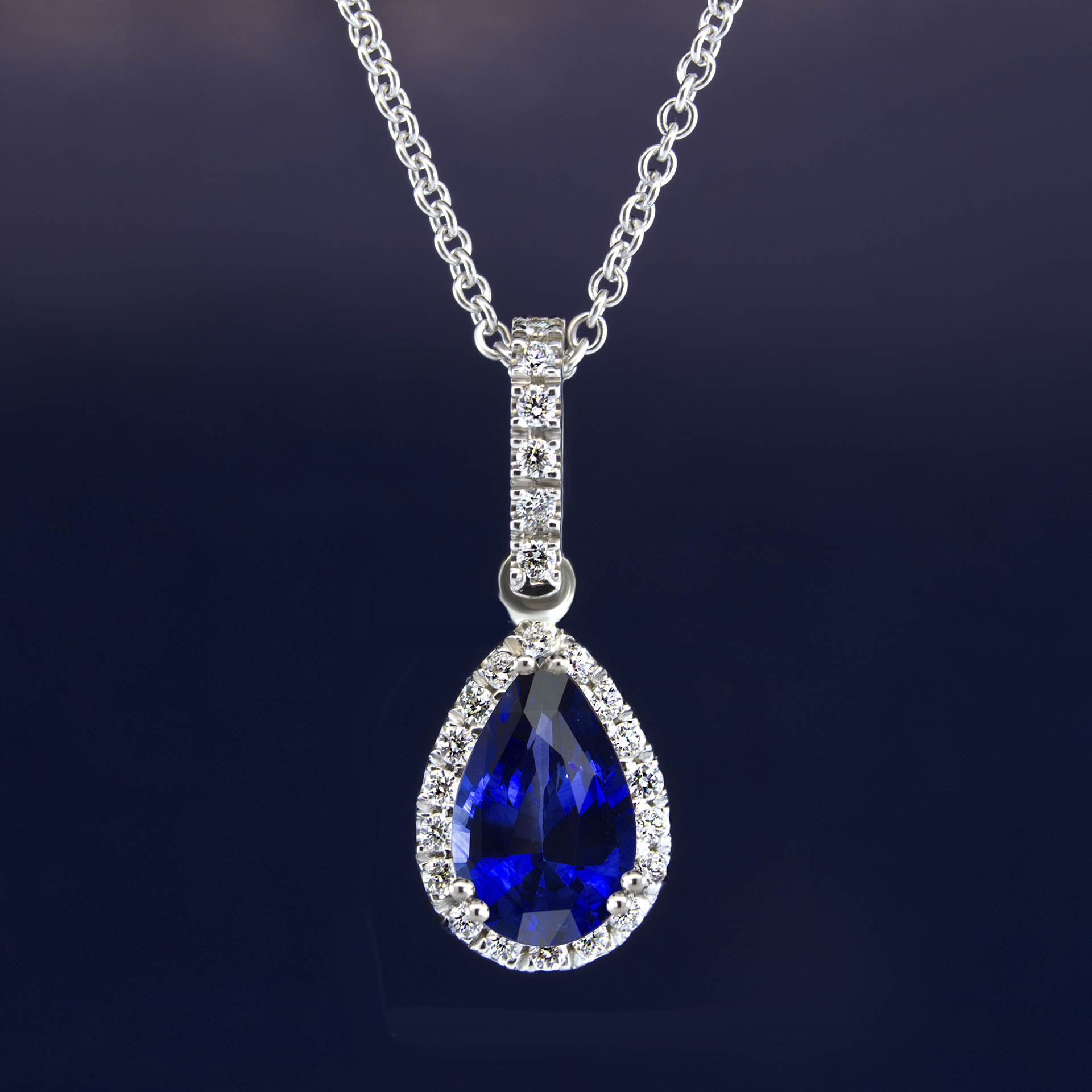 1.0 Carat Pear Shape Genuine Blue Sapphire & Diamond Halo Necklace ...
