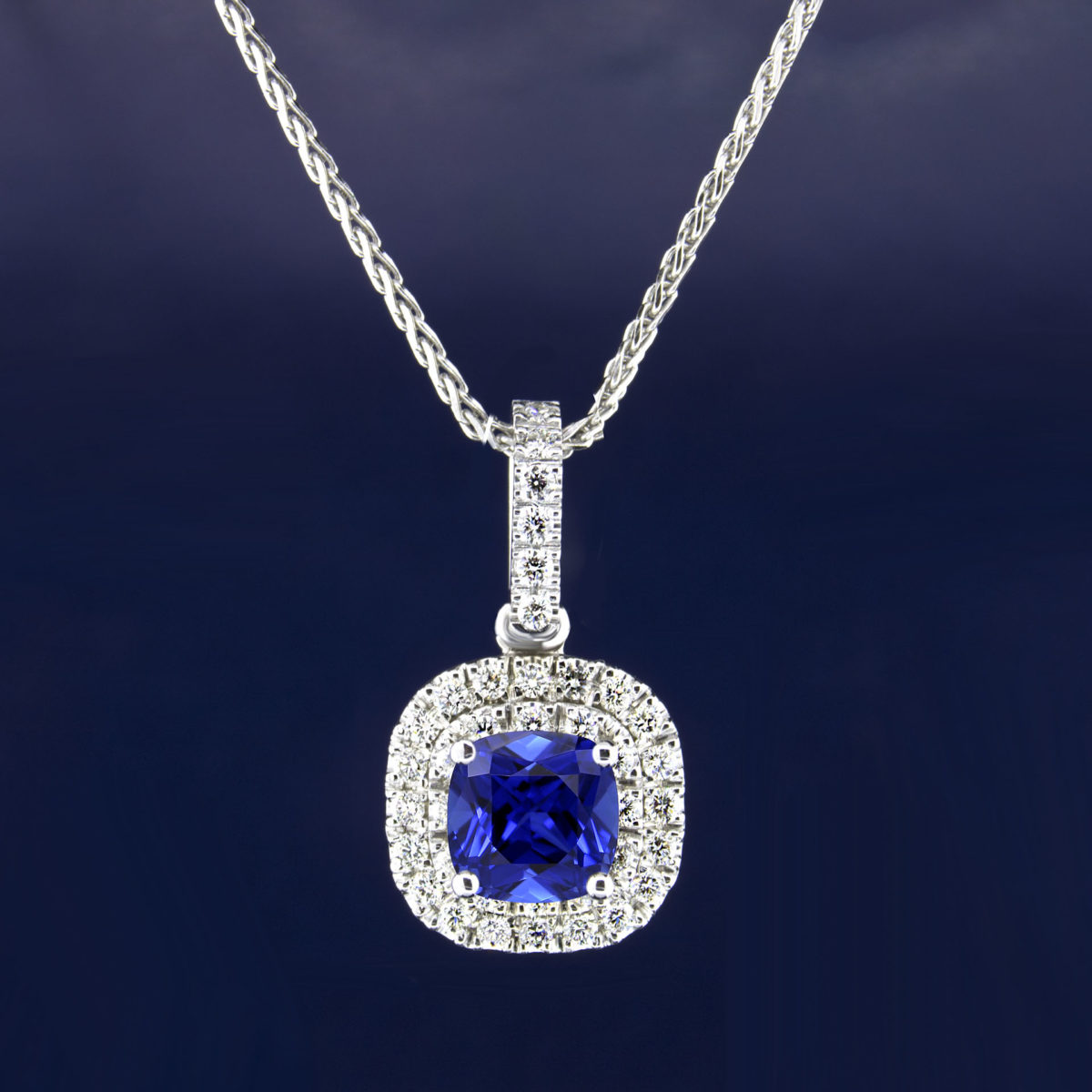 0.74 Carat Cushion Cut Blue Sapphire & Diamond Halo Necklace Pendant ...