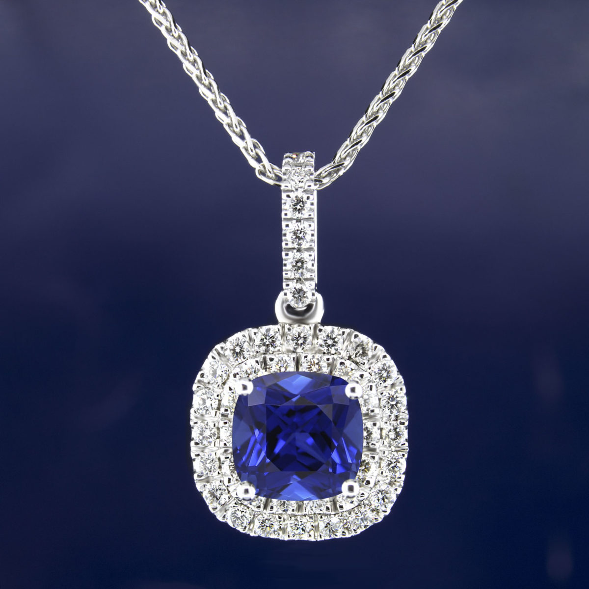 0.70 Carat Cushion Cut Blue Sapphire & Diamond Halo Necklace Pendant ...