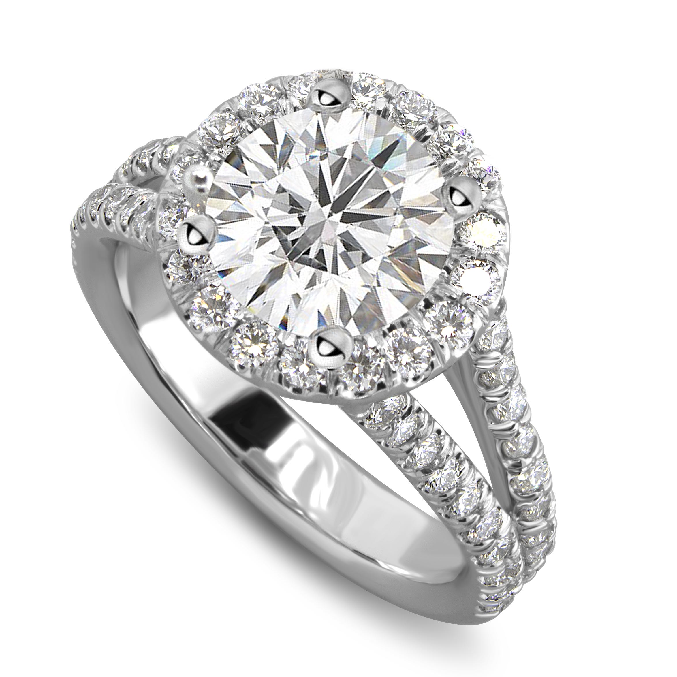 Split Shank Round Halo Diamond Engagement Ring 0.85 Carats, Gold or ...