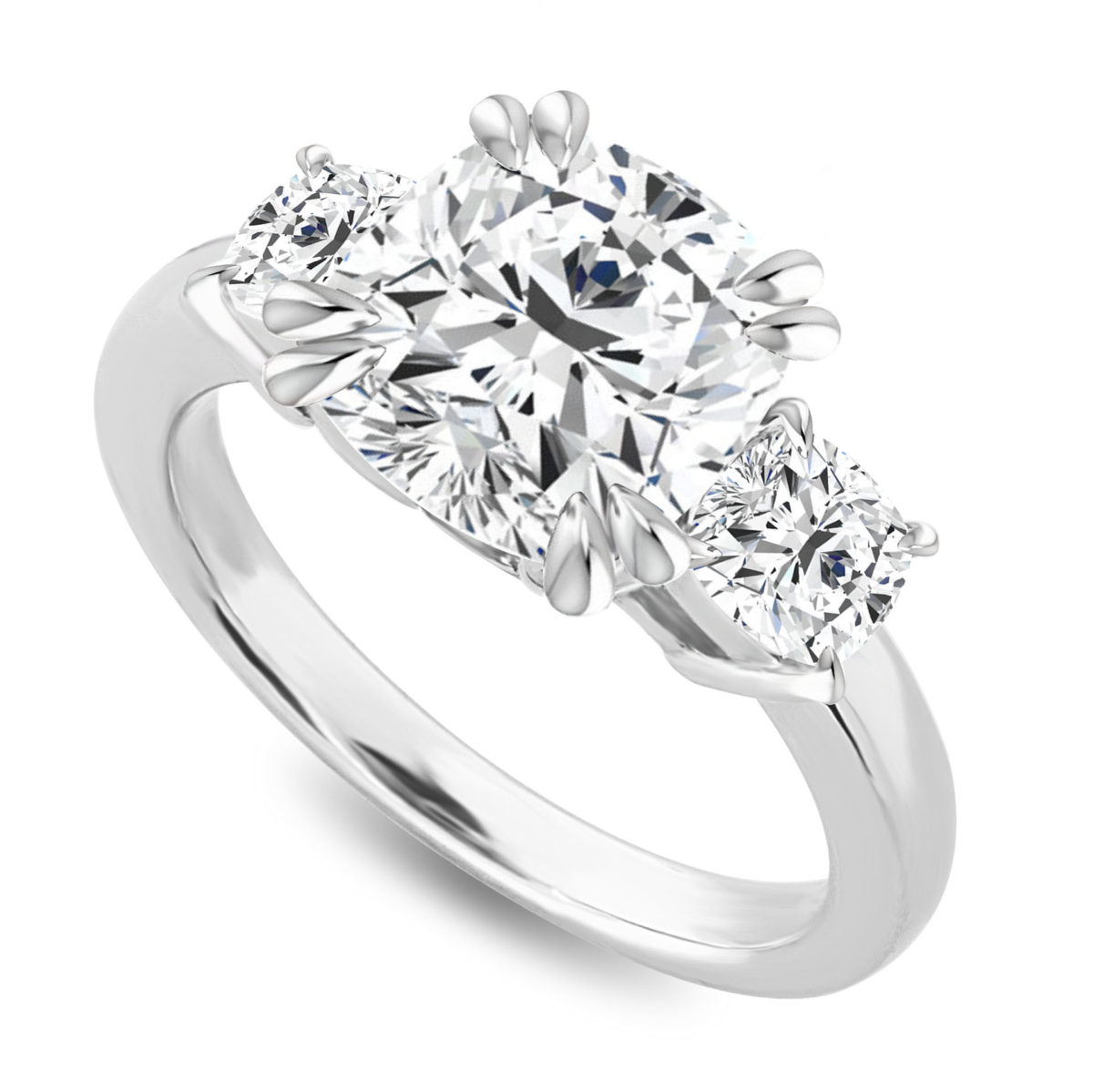 Double Eagle Claw Prong Cushion Cut Diamond Three Stone Engagement Ring